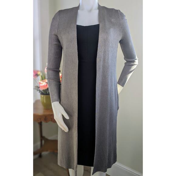 Chicos Black Label Gray Taupe Shimmer Long Open Cardigan Size Extra Small XS - Picture 4 of 11